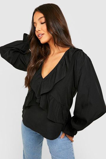 Blus Med Volymärm Och Volanger, Black