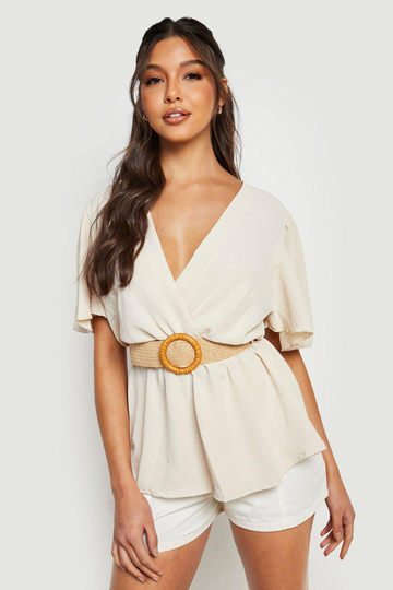 Blus Med Vid Ärm Och Bälte, Beige