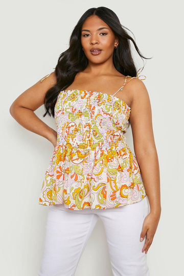 Plus - Mönstrat Linne Med Peplum, Yellow