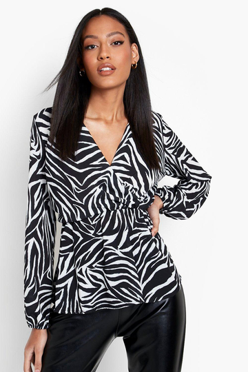 Tall - Zebramönstrad Blus Med Omlott, Black