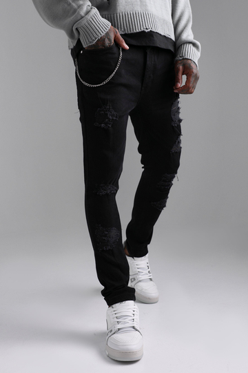 Slitna Skinny Jeans Med Lagningar, Black
