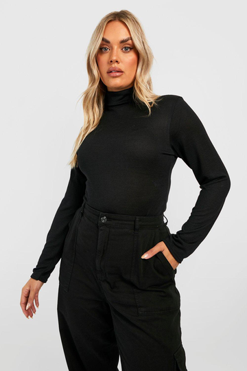 Plus Melerad Stickad Body Med Polokrage, Black