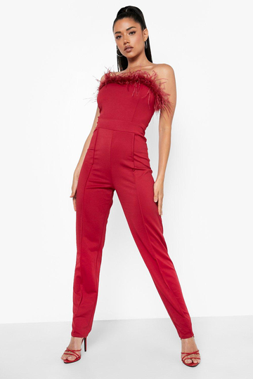 Axelbandslös Jumpsuit Med Fjädrar, Red