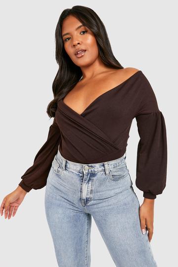 Plus - Off Shoulder-Body Med Puffärm, Brown