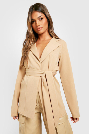 Basic Kavaj I Jersey Med Knytdetalj, Beige