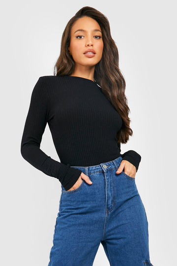 Tall Mjuk Långärmad Topp Med Rund Hals, Black