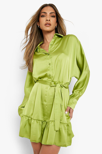 Skjortklänning I Satin Med Volanger, Green