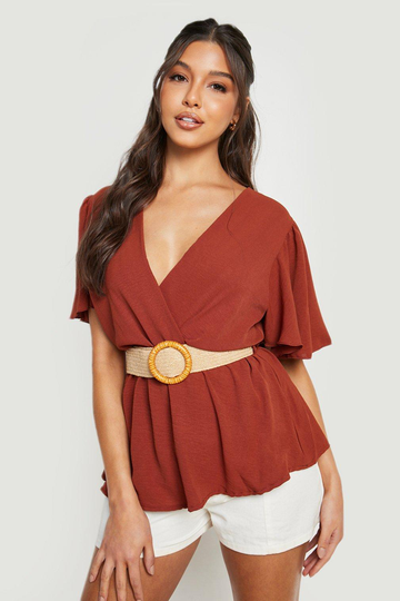 Blus Med Vid Ärm Och Bälte, Brown