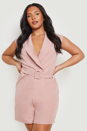 Plus - Romper I Kostymstil Med Bälte, Pink