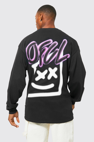 Oversize Långärmad T-Shirt Med Tryck, Black