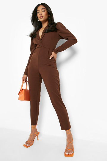 Petite - Jumpsuit I Skinny Fit Med Låg Urringning Och Puffärm, Brown