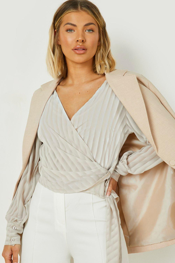 Randig Blus Med Omlott, Beige
