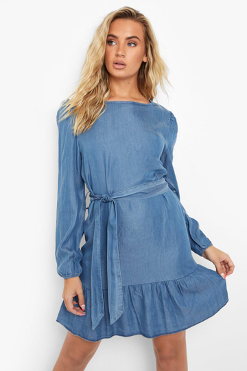 Jeansklänning Med Ballongärm, Blue