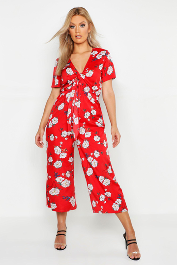 Plus - Blommig Jumpsuit I Culottemodell Med Knytdetalj, Red