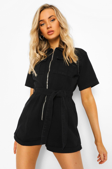 Romper I Denim Med Knytskärp, Black