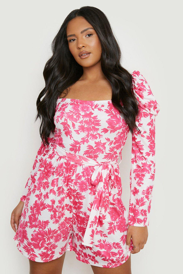 Plus - Mönstrad Romper Med Puffärm, Pink