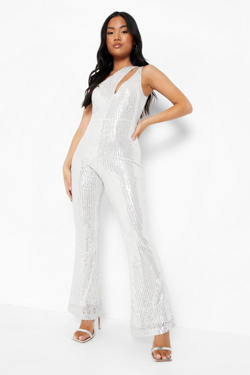Petite - Jumpsuit Med Paljetter, Cut-Out Och Utsvängda Ben, White