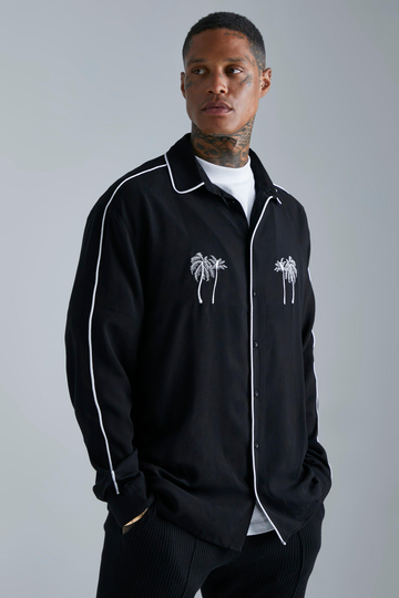 Oversized Skjorta I Viskos Med Brodyr, Black