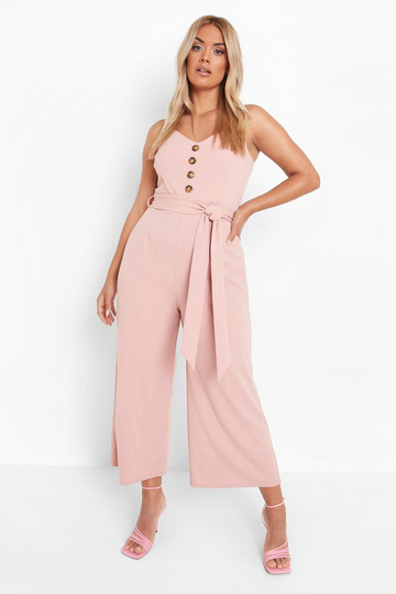 Plus - Jumpsuit Med Knytskärp, Knappar Och Vida Ben, Pink