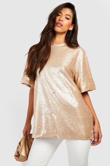 Tall Oversized T-Shirt Med Paljetter, Beige