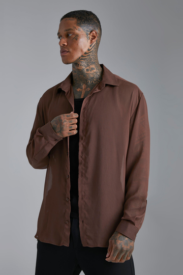 Oversized Långärmad Skjorta I Chiffong, Brown