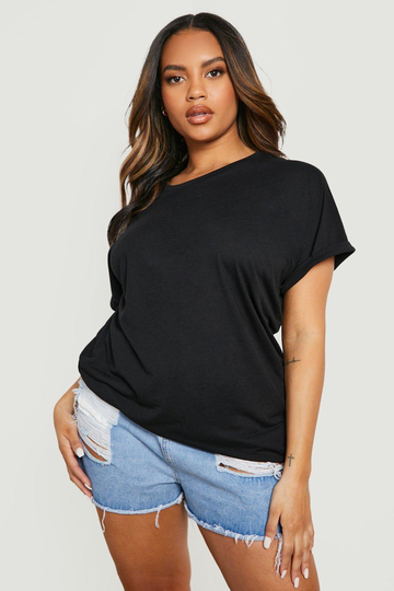 Plus - T-Shirt Med Uppvikt Ärm, Black