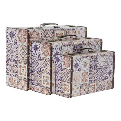 Uppsättning med Dekorativa Lådor DKD Home Decor Kanvas Trä Kakel (3 pcs)
