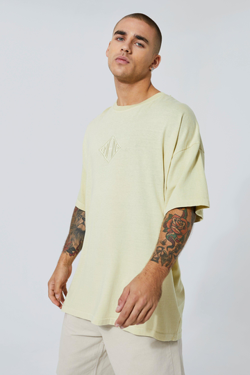 Man Oversized T-Shirt Med Brodyr På Ryggen, Green