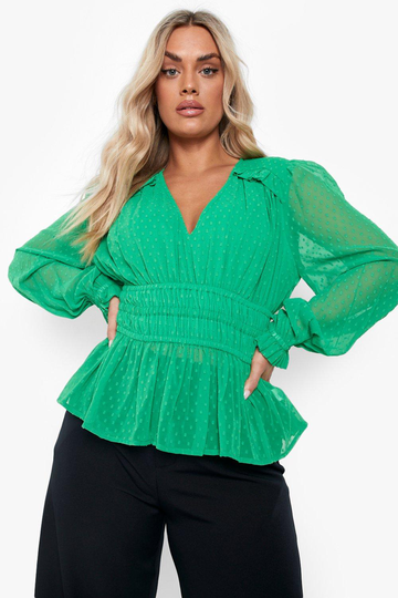 Plus - Blus I Prickig Mesh Med Volymärm, Green