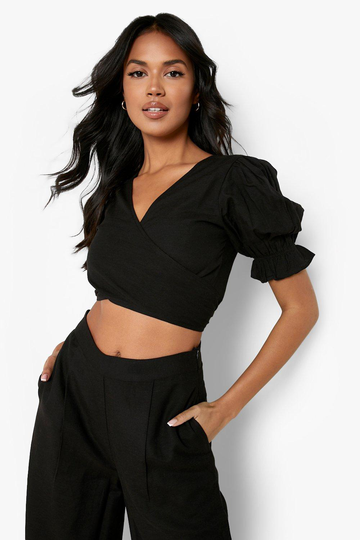 Crop Top I Linnetyg Med Omlott, Black