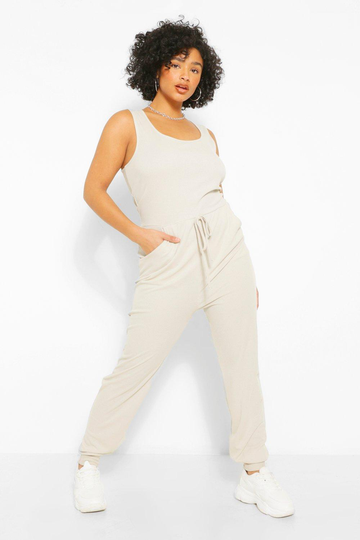Plus - Mjuk Jumpsuit Med U-Ringning, Beige