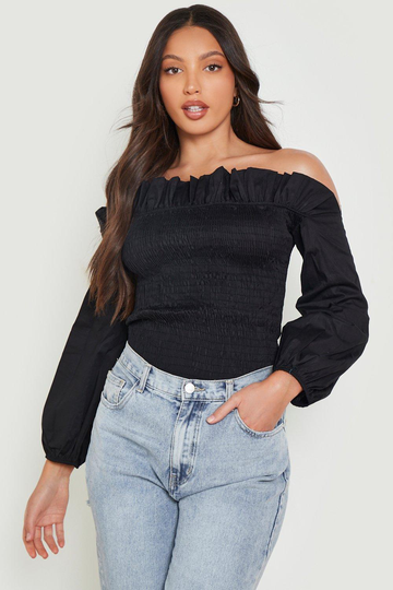 Tall - Off Shoulder-Topp Med Smock, Black