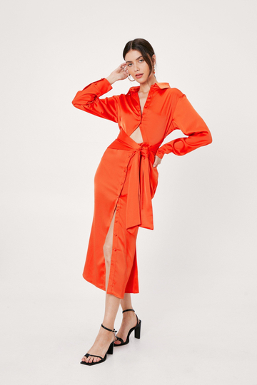Knälång Skjortklänning Med Knytdetalj Och Cut-Out, Orange