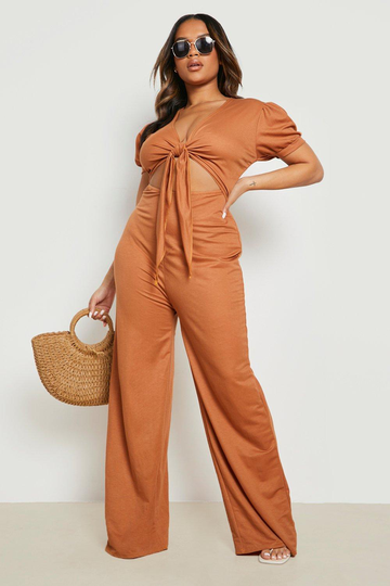 Plus - Jumpsuit Med Knytdetalj Och Vida Ben, Brown