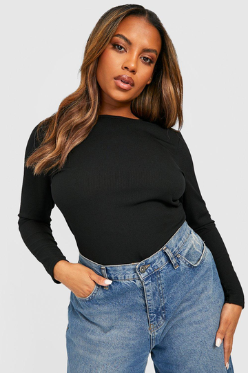 Plus Ribbad Body Med Rund Hals, Black