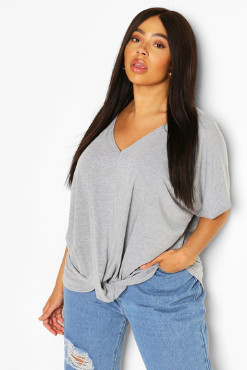 Plus - Oversize T-Shirt Med Knytdetalj, Grey