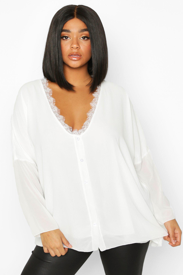 Plus - Långärmad Blus Med Spetskant, White