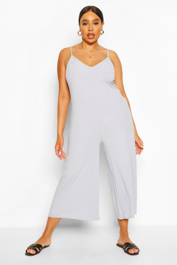 Plus - Ribbad Jumpsuit Med V-Ringning Och Vida Ben, Grey