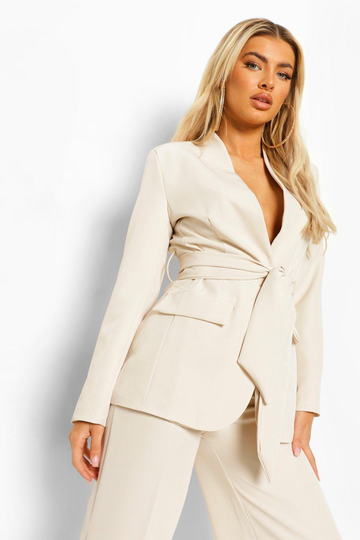 Lång Kavaj Med Knytskärp, Beige