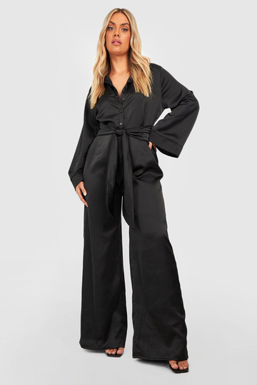 Plus Jumpsuit Med Vida Ben Och Knappar, Black