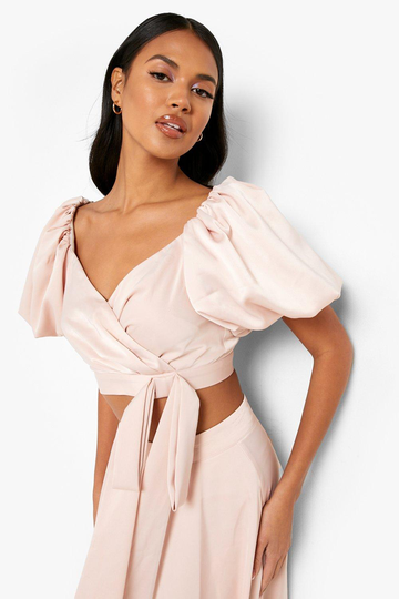 Crop Top I Satin Med Puffärm, Pink