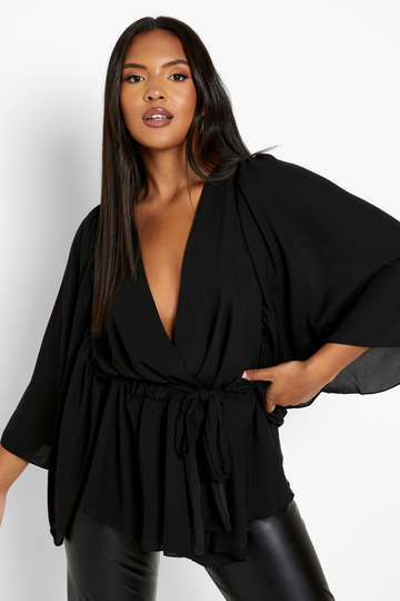 Plus - Omlottblus Med Peplum Och Vid Ärm, Black