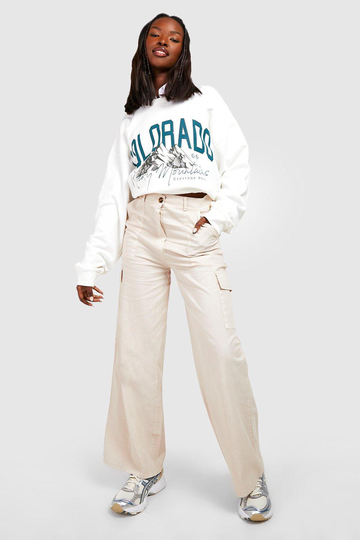 Oversize Byxor Med Raka Ben Och Cargofickor, Beige