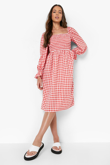 Rutig Klänning Med Smock, Red