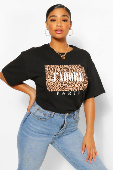 Plus - J'Adore T-Shirt Med Slogan Och Leopardmönster, Black