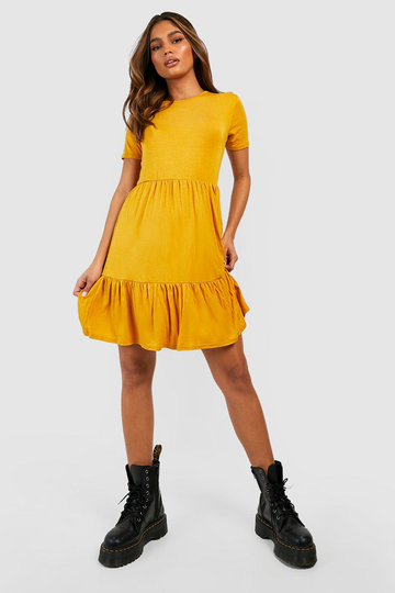 Kortärmad Klänning Med Volanger, Yellow