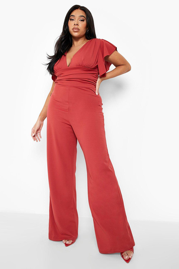 Plus - Jumpsuit Med V-Ringning Och Vida Ben, Brown
