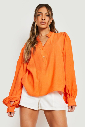 Skjorta Med Struktur Och Volymärm, Orange