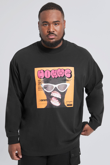 Plus Oversized Långärmad T-Shirt Med Tryck, Black