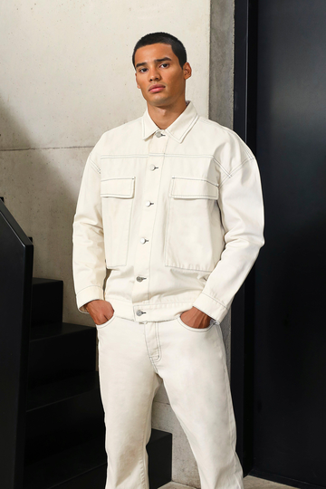 Oversize Jeansjacka Med Dekorativa Sömmar, White